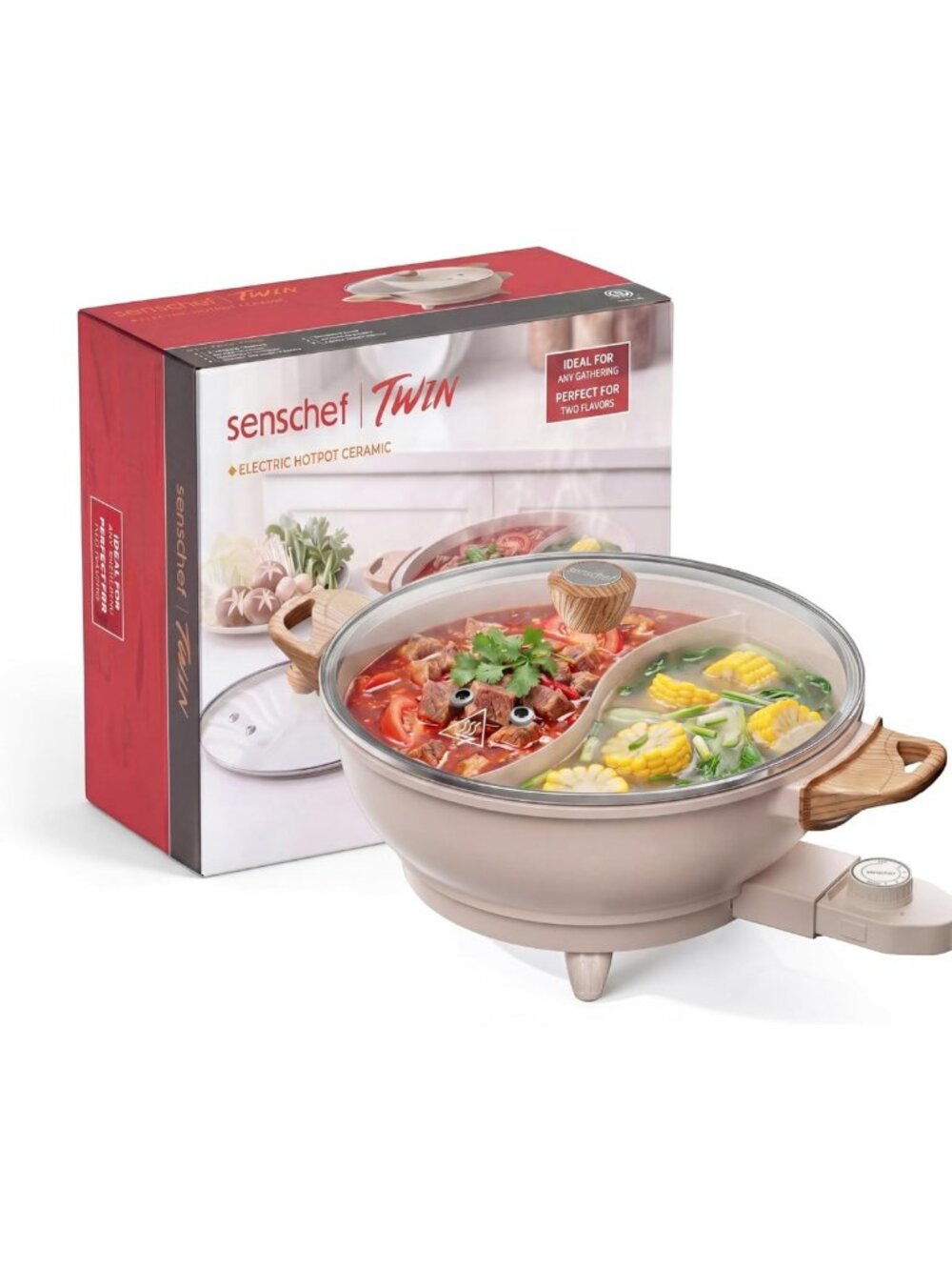Dual Electric Hot Pot for Shabu Shabu - Fast Heating, Nonstick, Apricot Color